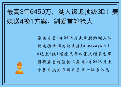 最高3年6450万，湖人该追顶级3D！美媒送4换1方案：割爱首轮抢人